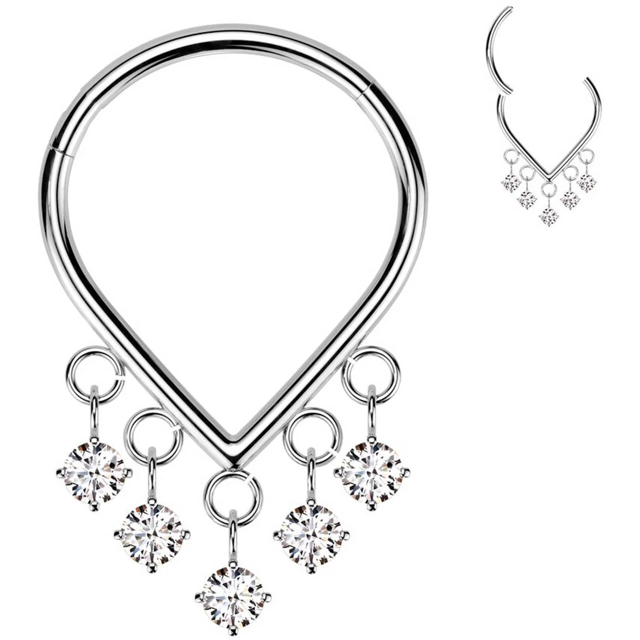 Titan Ring Tropfen mit 5 Zirkona Anhängern Zargenfassung Clicker - Image 3