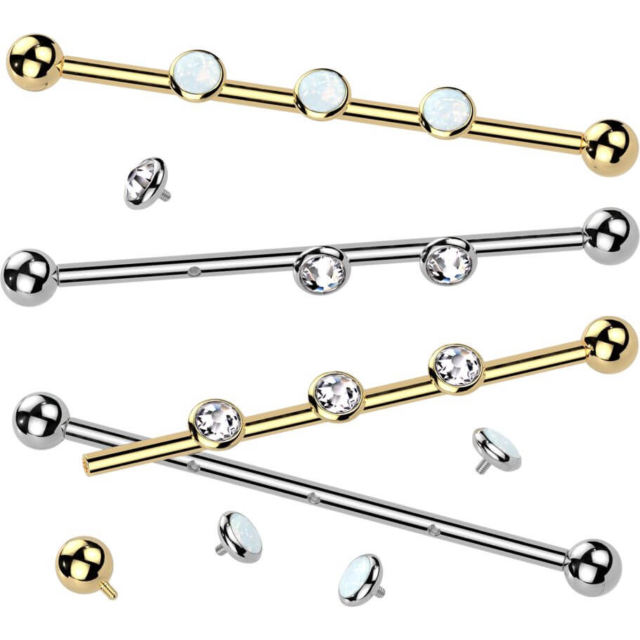 Titan Industrial Barbell 3 Zirkonia Opal Natursteine Zargenfassung Innengewinde - Image 3