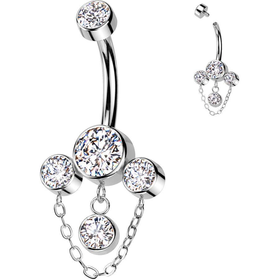 Titan Bauchnabelpiercing 3 Zirkonia Kettenanhänger Innengewinde - Image 2