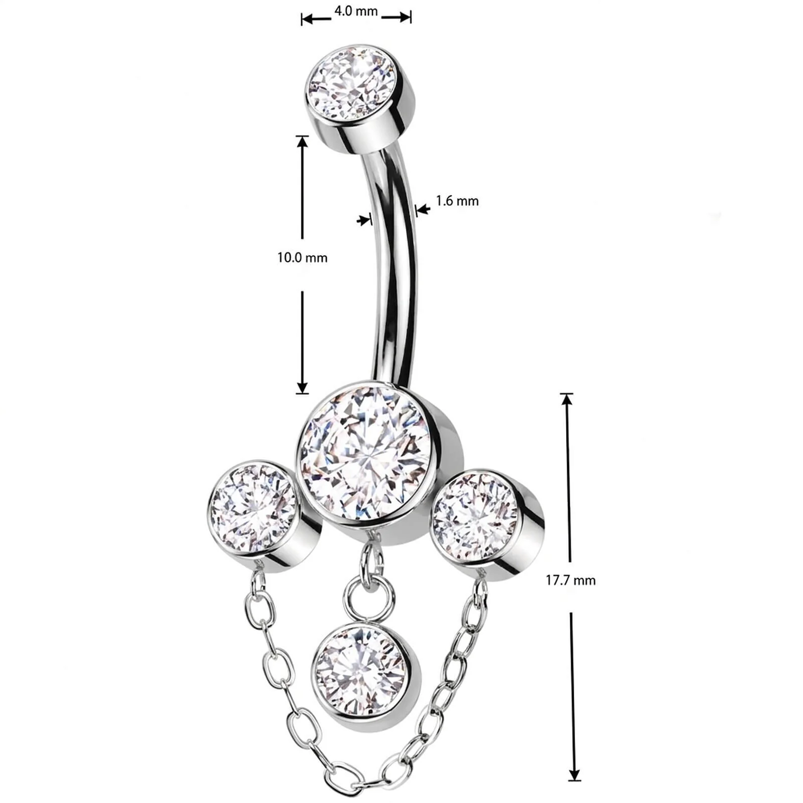 Titan Bauchnabelpiercing 3 Zirkonia Kettenanhänger Innengewinde - Image 5
