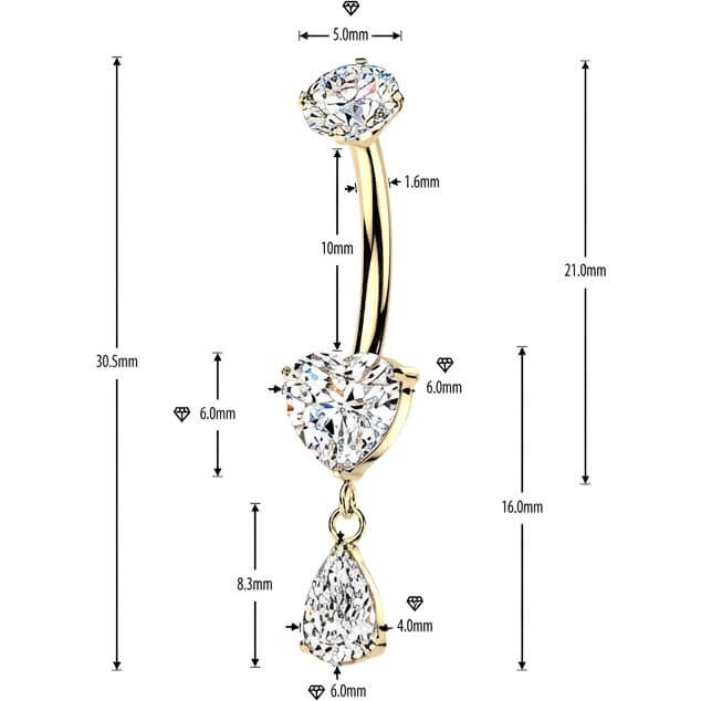 Titan Bauchnabelpiercing Krappenfassung Herz Zirkonia Tropfen Anhänger Innengewinde - Image 2