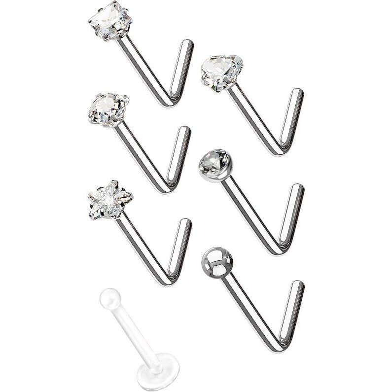 Nasenstecker L-Form Set Zirkonia Silber, 7 Stück