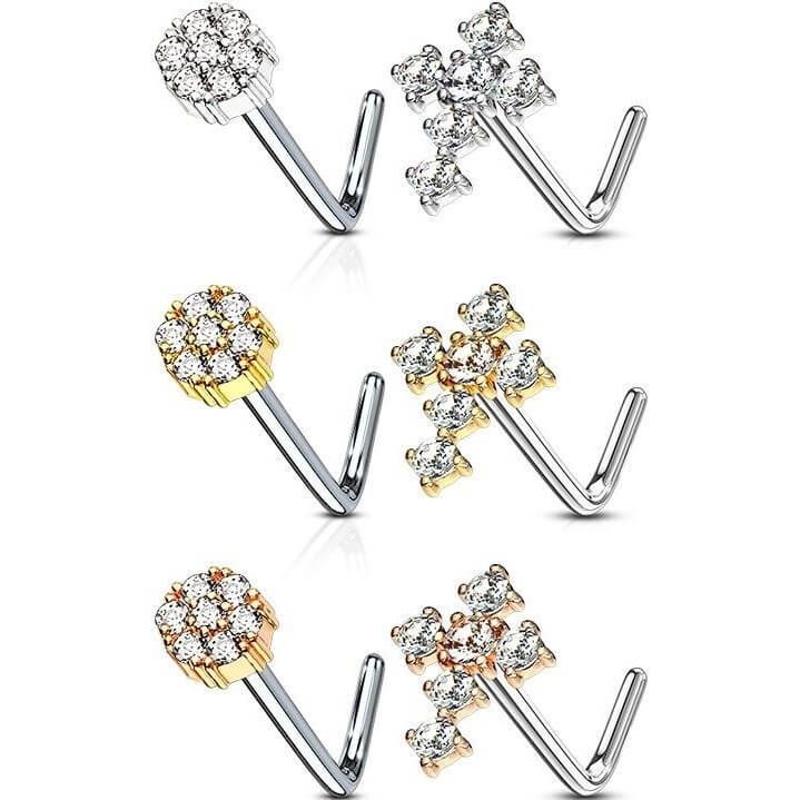 Nasenstecker L-Form Blume Kreuz Zirkonia, 6 Stück