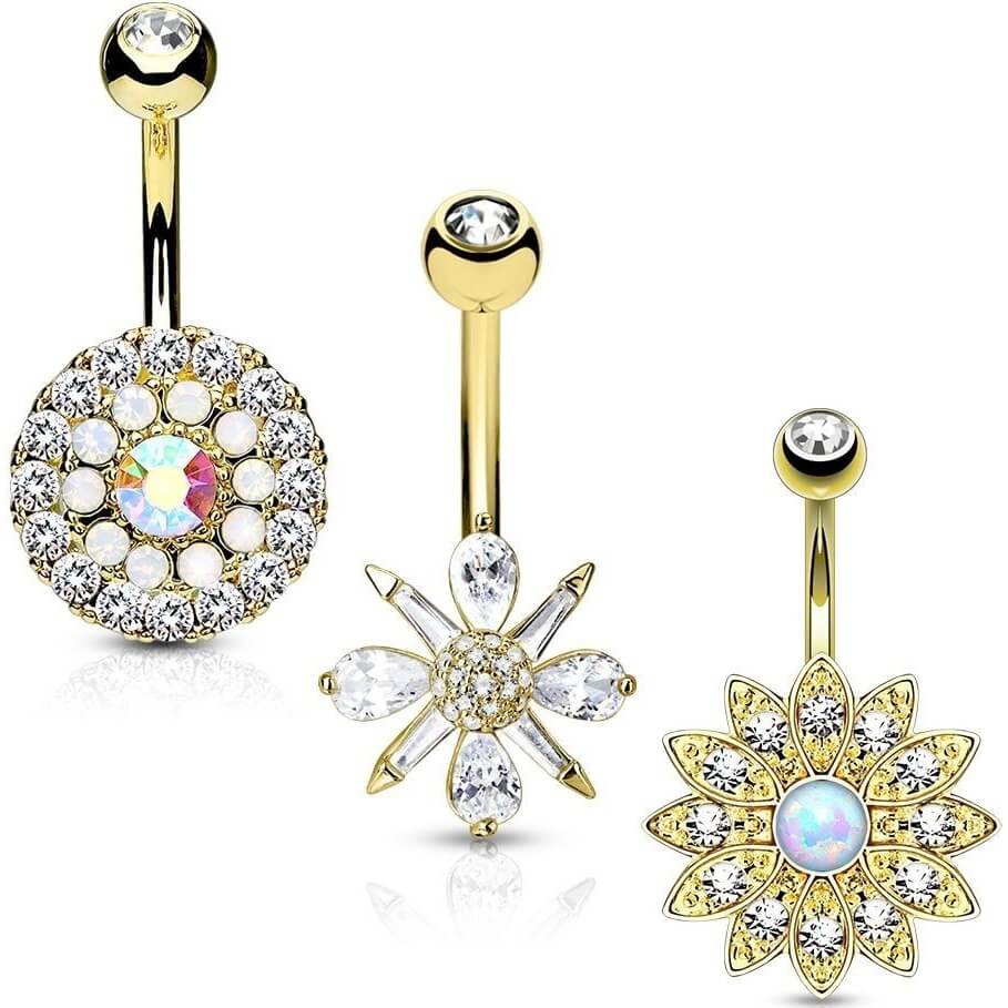 Bauchnabelpiercing Blumen Zirkonia Opal Gold, 3 Stück