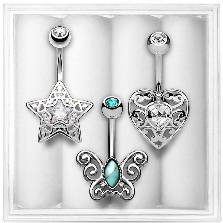 Bauchnabelpiercing Set Zirkonia, 3 Stück