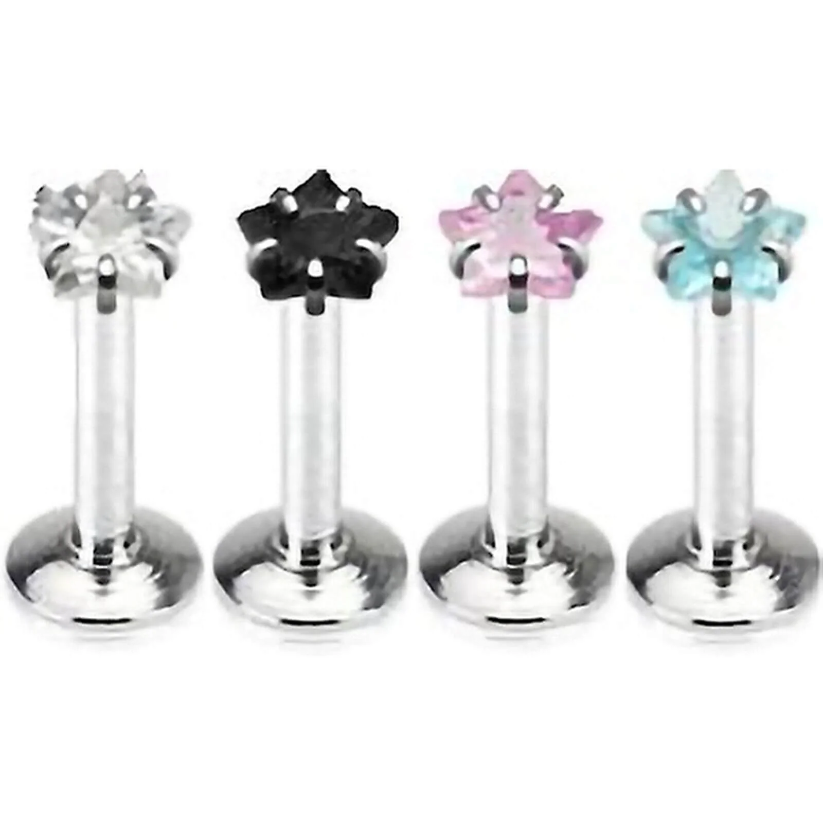 Labret Stern Zirkonia Silber Innengewinde, 4 Stück