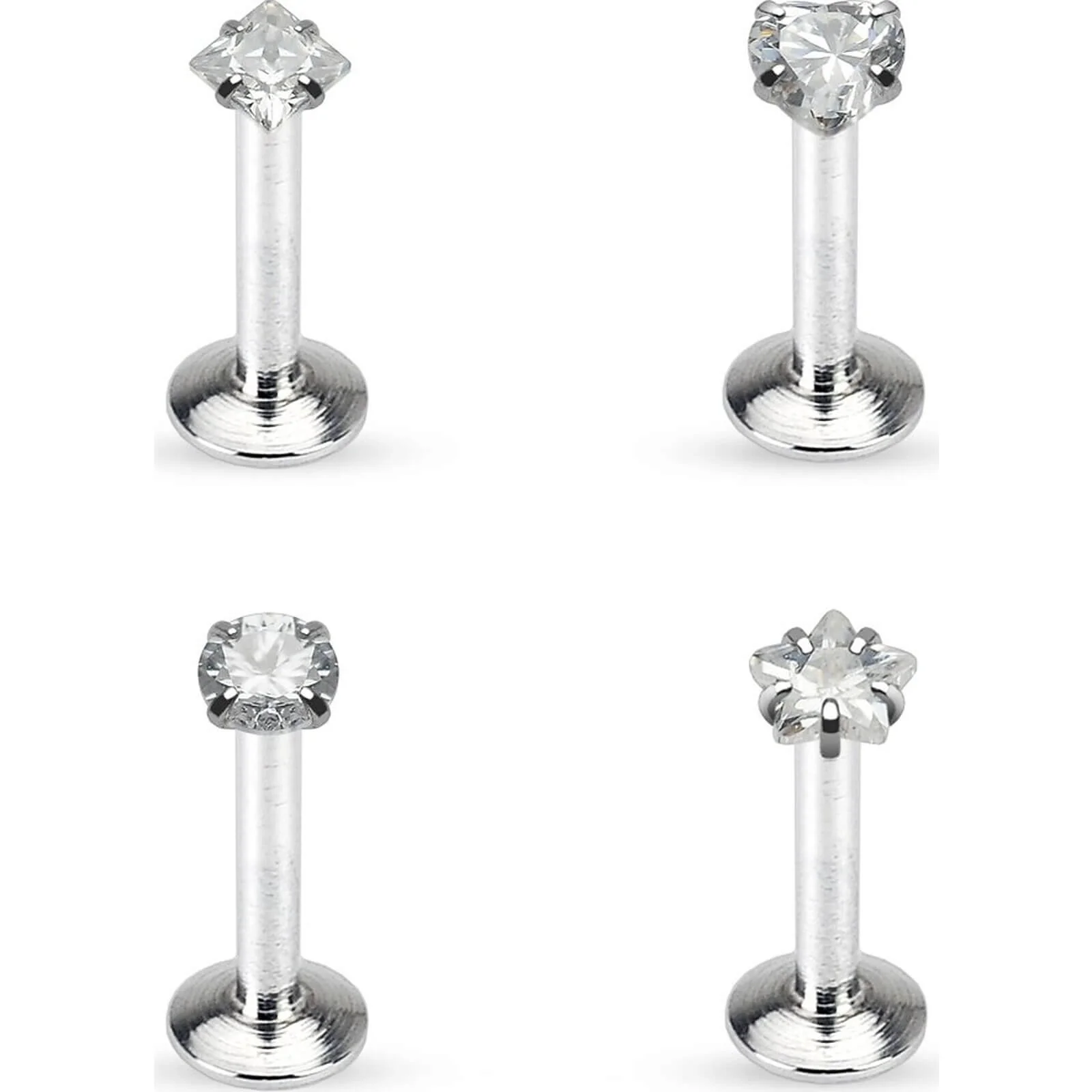 Labret Set Zirkonia Silber Innengewinde, 4 Stück