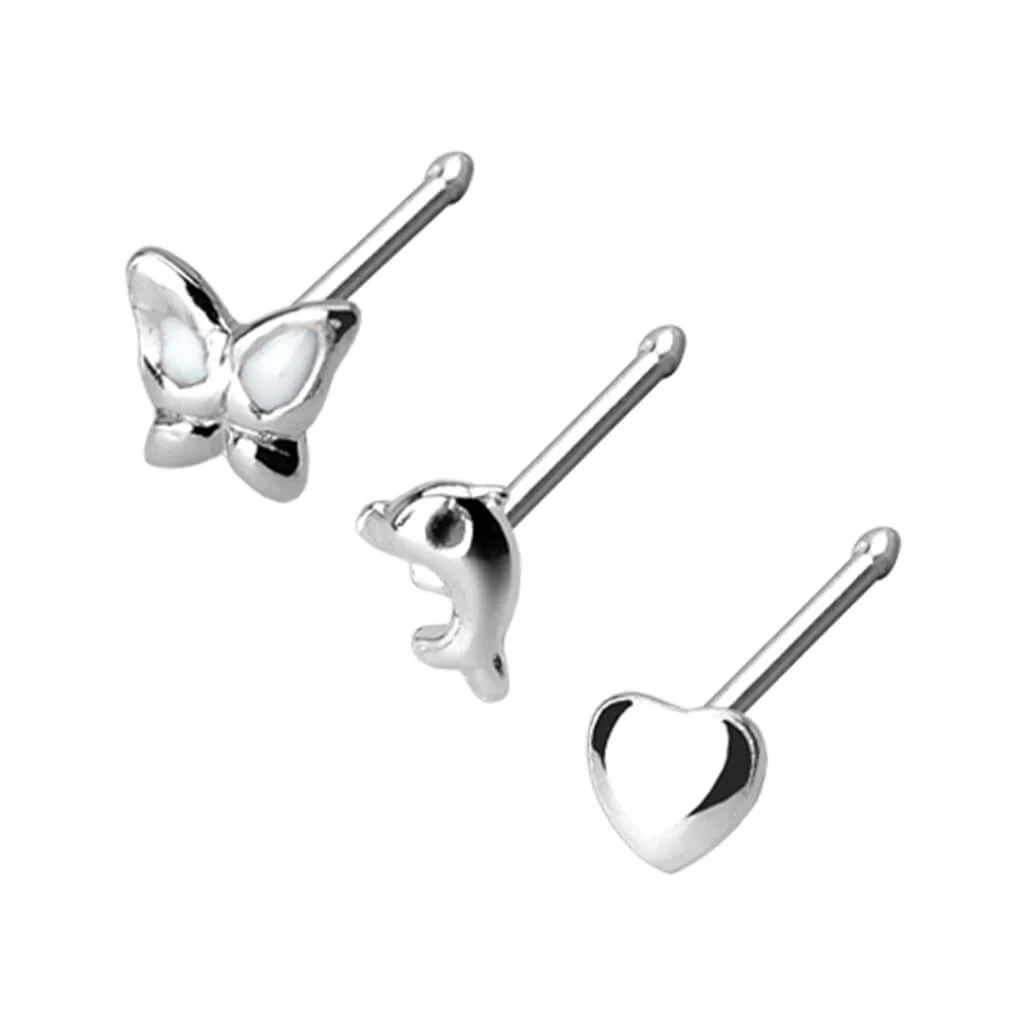 Silber 925 Nasenstecker Set Schmetterling Herz Delfin Silber, 3 Stück - Image 2