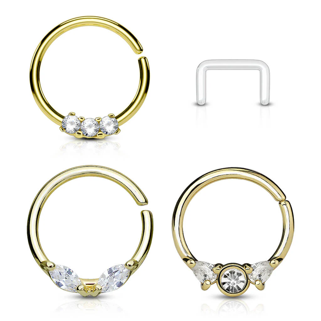Septum Piercing Set Retainer Ring Zirkonia Gold Biegbar, 3 Stück - Image 2