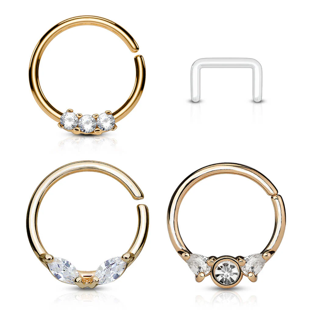 Septum Piercing Set Retainer Ring Zirkonia Gold Biegbar, 3 Stück - Image 4