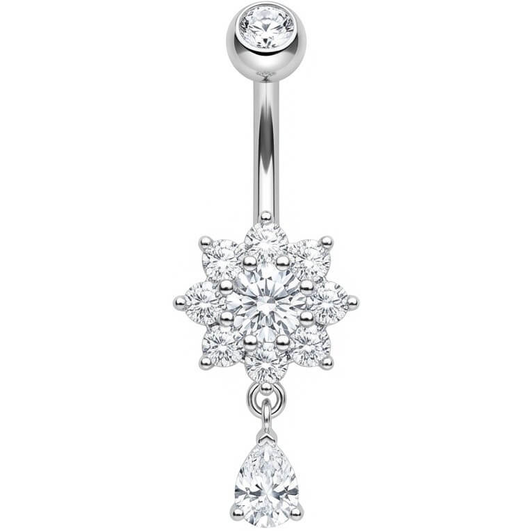 Bauchnabelpiercing Kristallblume mit Tropfenanhänger