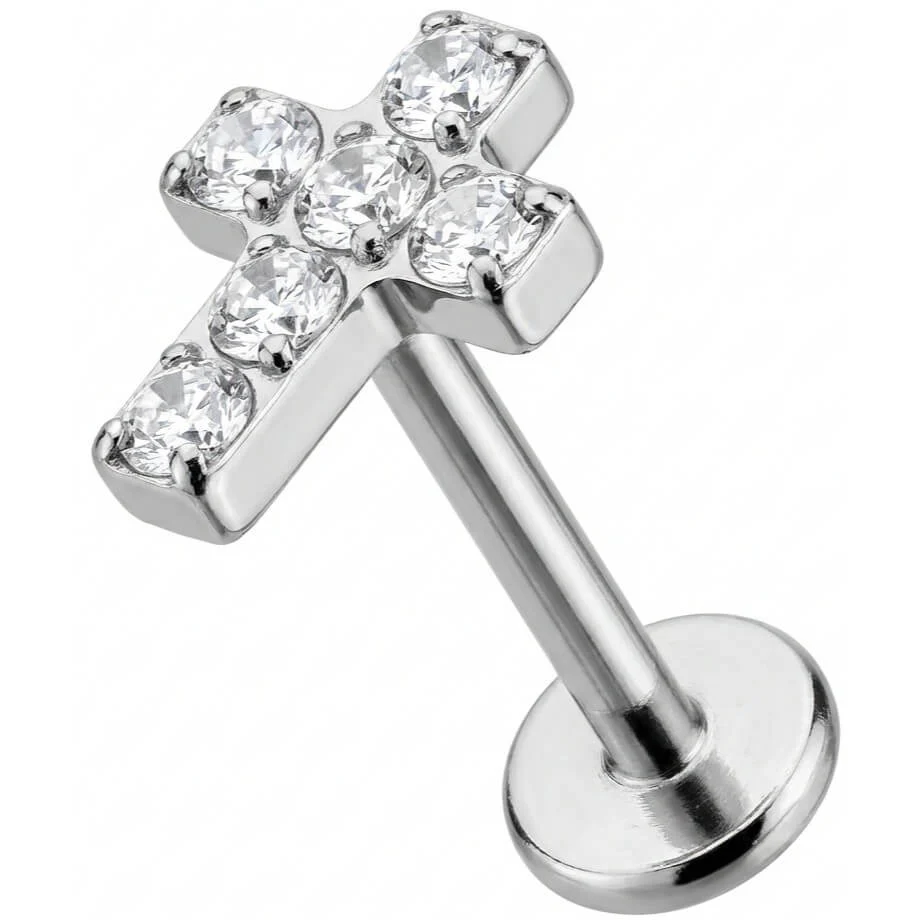 Titan Labret Kreuz mit klaren Kristallen Innengewinde