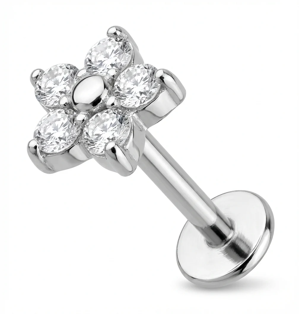 Titan Labret Blume mit klaren Kristallen Innengewinde