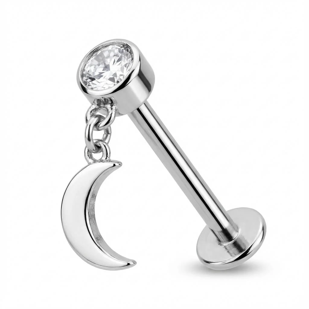 Titan Labret Kristall Mit Hängendem Halbmond Innengewinde